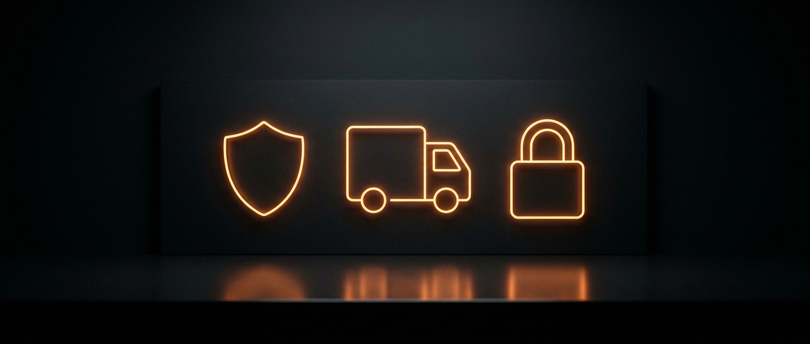 Illustration of a hardcoded trust badge row with a shield, delivery truck and padlock icon